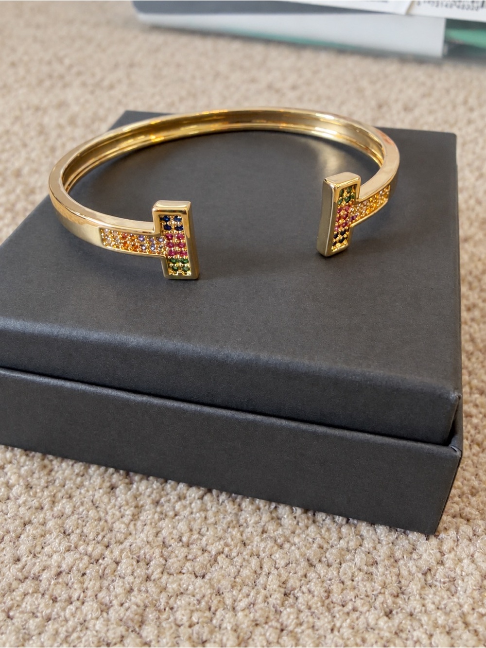 Gold Tone Rainbow CZ T-Shape Open Cuff Bracelet